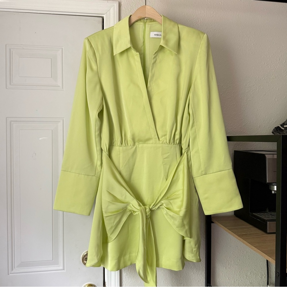 MISHA‎ neon lime green satin strong padded shoulders tie front mini dress
